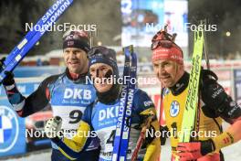 03.12.2023, Oestersund, Sweden, (SWE): Vetle Sjaastad Christiansen (NOR), Sebastian Samuelsson (SWE), Philipp Nawrath (GER), (l-r) - IBU World Cup Biathlon, pursuit men, Oestersund (SWE). www.nordicfocus.com. © Manzoni/NordicFocus. Every downloaded picture is fee-liable.