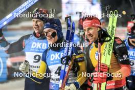03.12.2023, Oestersund, Sweden, (SWE): Vetle Sjaastad Christiansen (NOR), Sebastian Samuelsson (SWE), Philipp Nawrath (GER), (l-r) - IBU World Cup Biathlon, pursuit men, Oestersund (SWE). www.nordicfocus.com. © Manzoni/NordicFocus. Every downloaded picture is fee-liable.