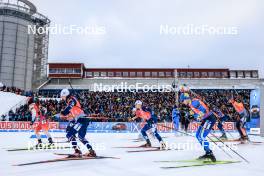 25.11.2023, Oestersund, Sweden, (SWE): Niklas Hartweg (SUI), Fabien Claude (FRA), Tuomas Harjula (FIN), Artem Tyshchenko (UKR), Justus Strelow (GER), (l-r) - IBU World Cup Biathlon, single mixed relay, Oestersund (SWE). www.nordicfocus.com. © Manzoni/NordicFocus. Every downloaded picture is fee-liable.