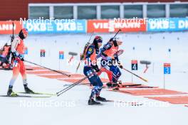 25.11.2023, Oestersund, Sweden, (SWE): Niklas Hartweg (SUI), Sturla Holm Laegreid (NOR), Fabien Claude (FRA), (l-r) - IBU World Cup Biathlon, single mixed relay, Oestersund (SWE). www.nordicfocus.com. © Manzoni/NordicFocus. Every downloaded picture is fee-liable.