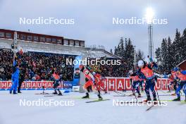 25.11.2023, Oestersund, Sweden, (SWE): Sean Doherty (USA), Niklas Hartweg (SUI), Tuomas Harjula (FIN), Fabien Claude (FRA), Justus Strelow (GER), Artem Tyshchenko (UKR), (l-r) - IBU World Cup Biathlon, single mixed relay, Oestersund (SWE). www.nordicfocus.com. © Manzoni/NordicFocus. Every downloaded picture is fee-liable.