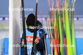 02.12.2023, Oestersund, Sweden, (SWE): Event Feature: Ski control volunteer brings fluor tested skis to the rack - IBU World Cup Biathlon, sprint men, Oestersund (SWE). www.nordicfocus.com. © Manzoni/NordicFocus. Every downloaded picture is fee-liable.