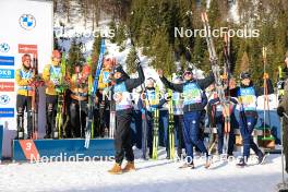 10.12.2023, Hochfilzen, Austria (AUT): David Zobel (GER), Johannes Kuehn (GER), Philipp Nawrath (GER), Benedikt Doll (GER), Eric Perrot (FRA), Emilien Jacquelin (FRA), Fabien Claude (FRA), (l-r) - IBU World Cup Biathlon, relay men, Hochfilzen (AUT). www.nordicfocus.com. © Manzoni/NordicFocus. Every downloaded picture is fee-liable.