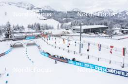 05.12.2023, Hochfilzen, Austria (AUT): Event Feature: Overveiw over the biathlon venue with the shooting range and the tracks covered in beautiful white - IBU World Cup Biathlon, training, Hochfilzen (AUT). www.nordicfocus.com. © Manzoni/NordicFocus. Every downloaded picture is fee-liable.