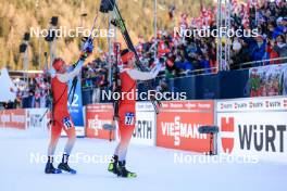 17.12.2023, Lenzerheide, Switzerland (SUI): Sebastian Stalder (SUI), Niklas Hartweg (SUI), (l-r) - IBU World Cup Biathlon, mass men, Lenzerheide (SUI). www.nordicfocus.com. © Manzoni/NordicFocus. Every downloaded picture is fee-liable.