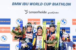 17.12.2023, Lenzerheide, Switzerland (SUI): Elvira Oeberg (SWE), Justine Braisaz-Bouchet (FRA), Hanna Oeberg (SWE), (l-r) - IBU World Cup Biathlon, mass women, Lenzerheide (SUI). www.nordicfocus.com. © Manzoni/NordicFocus. Every downloaded picture is fee-liable.