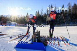 16.12.2023, Lenzerheide, Switzerland (SUI): Simon Fourcade (FRA), Stephane Bouthiaux (FRA) coach Team France, (l-r) - IBU World Cup Biathlon, training, Lenzerheide (SUI). www.nordicfocus.com. © Manzoni/NordicFocus. Every downloaded picture is fee-liable.