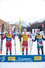 01.01.2023, Val Mustair, Switzerland (SUI): Paal Golberg (NOR), Johannes Hoesflot Klaebo (NOR), Federico Pellegrino (ITA), (l-r)  - FIS world cup cross-country, tour de ski, pursuit, Val Mustair (SUI). www.nordicfocus.com. © Modica/NordicFocus. Every downloaded picture is fee-liable.