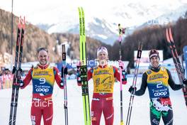 01.01.2023, Val Mustair, Switzerland (SUI): Paal Golberg (NOR), Johannes Hoesflot Klaebo (NOR), Federico Pellegrino (ITA), (l-r)  - FIS world cup cross-country, tour de ski, pursuit, Val Mustair (SUI). www.nordicfocus.com. © Modica/NordicFocus. Every downloaded picture is fee-liable.