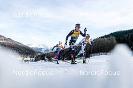 01.01.2023, Val Mustair, Switzerland (SUI): Jules Chappaz (FRA), Ben Ogden (USA), Johan Haeggstroem (SWE), (l-r)  - FIS world cup cross-country, tour de ski, pursuit, Val Mustair (SUI). www.nordicfocus.com. © Modica/NordicFocus. Every downloaded picture is fee-liable.