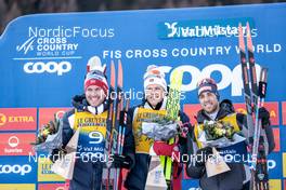 01.01.2023, Val Mustair, Switzerland (SUI): Paal Golberg (NOR), Johannes Hoesflot Klaebo (NOR), Federico Pellegrino (ITA), (l-r) - FIS world cup cross-country, tour de ski, pursuit, Val Mustair (SUI). www.nordicfocus.com. © Modica/NordicFocus. Every downloaded picture is fee-liable.