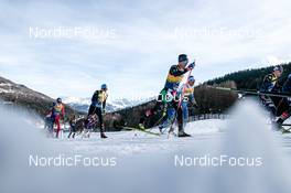 01.01.2023, Val Mustair, Switzerland (SUI): Maurice Manificat (FRA), Lucas Boegl (GER), Giandomenico Salvadori (ITA), Olzhas Klimin (KAZ), (l-r)  - FIS world cup cross-country, tour de ski, pursuit, Val Mustair (SUI). www.nordicfocus.com. © Modica/NordicFocus. Every downloaded picture is fee-liable.