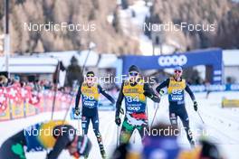 01.01.2023, Val Mustair, Switzerland (SUI): Albert Kuchler (GER), Dietmar Noeckler (ITA), Jonas Dobler (GER), (l-r)  - FIS world cup cross-country, tour de ski, pursuit, Val Mustair (SUI). www.nordicfocus.com. © Modica/NordicFocus. Every downloaded picture is fee-liable.