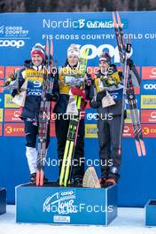 01.01.2023, Val Mustair, Switzerland (SUI): Paal Golberg (NOR), Johannes Hoesflot Klaebo (NOR), Federico Pellegrino (ITA), (l-r) - FIS world cup cross-country, tour de ski, pursuit, Val Mustair (SUI). www.nordicfocus.com. © Modica/NordicFocus. Every downloaded picture is fee-liable.