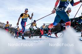 01.01.2023, Val Mustair, Switzerland (SUI): Jonas Baumann (SUI), Clement Parisse (FRA), Elia Barp (ITA), Adam Fellner (CZE), Gus Schumacher (USA), (l-r)  - FIS world cup cross-country, tour de ski, pursuit, Val Mustair (SUI). www.nordicfocus.com. © Modica/NordicFocus. Every downloaded picture is fee-liable.