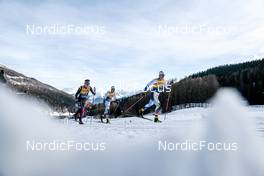 01.01.2023, Val Mustair, Switzerland (SUI): Ben Ogden (USA), Johan Haeggstroem (SWE), Anton Persson (SWE), (l-r)  - FIS world cup cross-country, tour de ski, pursuit, Val Mustair (SUI). www.nordicfocus.com. © Modica/NordicFocus. Every downloaded picture is fee-liable.