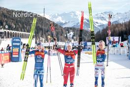 01.01.2023, Val Mustair, Switzerland (SUI): Kerttu Niskanen (FIN), Tiril Udnes Weng (NOR), Frida Karlsson (SWE), (l-r)  - FIS world cup cross-country, tour de ski, pursuit, Val Mustair (SUI). www.nordicfocus.com. © Modica/NordicFocus. Every downloaded picture is fee-liable.