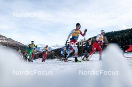 01.01.2023, Val Mustair, Switzerland (SUI): Thomas Maloney Westgaard (IRL), Naoto Baba (JPN), Maciej Starega (POL), (l-r)  - FIS world cup cross-country, tour de ski, pursuit, Val Mustair (SUI). www.nordicfocus.com. © Modica/NordicFocus. Every downloaded picture is fee-liable.
