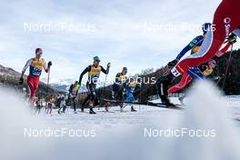 01.01.2023, Val Mustair, Switzerland (SUI): Candide Pralong (SUI), Thomas Bing (GER), Vili Crv (SLO), Anian Sossau (GER), (l-r)  - FIS world cup cross-country, tour de ski, pursuit, Val Mustair (SUI). www.nordicfocus.com. © Modica/NordicFocus. Every downloaded picture is fee-liable.
