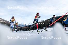 01.01.2023, Val Mustair, Switzerland (SUI): Leo Johansson (SWE), Paolo Ventura (ITA), Remi Drolet (CAN), Albert Kuchler (GER), (l-r)  - FIS world cup cross-country, tour de ski, pursuit, Val Mustair (SUI). www.nordicfocus.com. © Modica/NordicFocus. Every downloaded picture is fee-liable.