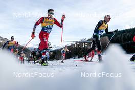 01.01.2023, Val Mustair, Switzerland (SUI): Arnaud Chautemps (FRA), Emil Iversen (NOR), Jason Rueesch (SUI), Mikael Abram (ITA), (l-r)  - FIS world cup cross-country, tour de ski, pursuit, Val Mustair (SUI). www.nordicfocus.com. © Modica/NordicFocus. Every downloaded picture is fee-liable.