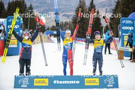 08.01.2023, Val di Fiemme, Italy (ITA): Heidi Weng (NOR), Delphine Claudel (FRA), Sophia Laukli (USA), (l-r) - FIS world cup cross-country, tour de ski, final climb, Val di Fiemme (ITA). www.nordicfocus.com. © Modica/NordicFocus. Every downloaded picture is fee-liable.