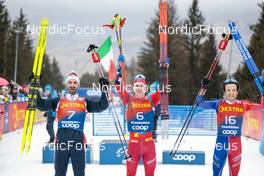 08.01.2023, Val di Fiemme, Italy (ITA): Hans Christer Holund (NOR), Simen Hegstad Krueger (NOR), Jules Lapierre (FRA), (l-r) - FIS world cup cross-country, tour de ski, final climb, Val di Fiemme (ITA). www.nordicfocus.com. © Modica/NordicFocus. Every downloaded picture is fee-liable.