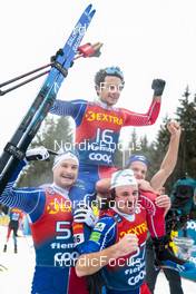 08.01.2023, Val di Fiemme, Italy (ITA): Renaud Jay (FRA), Jules Lapierre (FRA), Hugo Lapalus (FRA), Clement Parisse (FRA), (l-r)  - FIS world cup cross-country, tour de ski, final climb, Val di Fiemme (ITA). www.nordicfocus.com. © Modica/NordicFocus. Every downloaded picture is fee-liable.