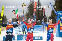 08.01.2023, Val di Fiemme, Italy (ITA): Hans Christer Holund (NOR), Simen Hegstad Krueger (NOR), Jules Lapierre (FRA), (l-r) - FIS world cup cross-country, tour de ski, final climb, Val di Fiemme (ITA). www.nordicfocus.com. © Modica/NordicFocus. Every downloaded picture is fee-liable.