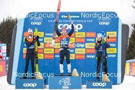08.01.2023, Val di Fiemme, Italy (ITA): Hans Christer Holund (NOR), Simen Hegstad Krueger (NOR), Jules Lapierre (FRA), (l-r)  - FIS world cup cross-country, tour de ski, final climb, Val di Fiemme (ITA). www.nordicfocus.com. © Modica/NordicFocus. Every downloaded picture is fee-liable.