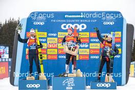 08.01.2023, Val di Fiemme, Italy (ITA): Hans Christer Holund (NOR), Simen Hegstad Krueger (NOR), Jules Lapierre (FRA), (l-r)  - FIS world cup cross-country, tour de ski, final climb, Val di Fiemme (ITA). www.nordicfocus.com. © Modica/NordicFocus. Every downloaded picture is fee-liable.