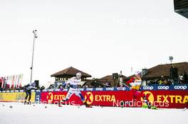 06.01.2023, Val di Fiemme, Italy (ITA): Johannes Hoesflot Klaebo (NOR), Calle Halfvarsson (SWE), Simone Mocellini (ITA), (l-r)  - FIS world cup cross-country, tour de ski, individual sprint, Val di Fiemme (ITA). www.nordicfocus.com. © Modica/NordicFocus. Every downloaded picture is fee-liable.