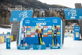 06.01.2023, Val di Fiemme, Italy (ITA): Calle Halfvarsson (SWE), Johannes Hoesflot Klaebo (NOR), Simone Mocellini (ITA), (l-r) - FIS world cup cross-country, tour de ski, individual sprint, Val di Fiemme (ITA). www.nordicfocus.com. © Modica/NordicFocus. Every downloaded picture is fee-liable.