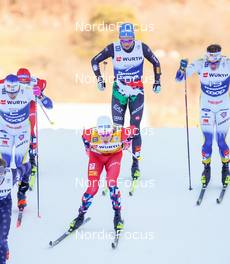06.01.2023, Val di Fiemme, Italy (ITA): Calle Halfvarsson (SWE), Johannes Hoesflot Klaebo (NOR), Simone Mocellini (ITA), Johan Haeggstroem (SWE), (l-r)  - FIS world cup cross-country, tour de ski, individual sprint, Val di Fiemme (ITA). www.nordicfocus.com. © Barbieri/NordicFocus. Every downloaded picture is fee-liable.