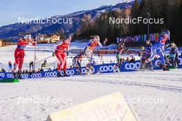 06.01.2023, Val di Fiemme, Italy (ITA): Lisa Unterweger (AUT), Nadine Faehndrich (SUI), Rosie Brennan (USA), Frida Karlsson (SWE), Martina Di Centa (ITA), Krista Parmakoski (FIN), (l-r)  - FIS world cup cross-country, tour de ski, individual sprint, Val di Fiemme (ITA). www.nordicfocus.com. © Barbieri/NordicFocus. Every downloaded picture is fee-liable.
