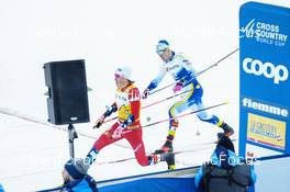 06.01.2023, Val di Fiemme, Italy (ITA): Johannes Hoesflot Klaebo (NOR), Calle Halfvarsson (SWE), (l-r)  - FIS world cup cross-country, tour de ski, individual sprint, Val di Fiemme (ITA). www.nordicfocus.com. © Barbieri/NordicFocus. Every downloaded picture is fee-liable.