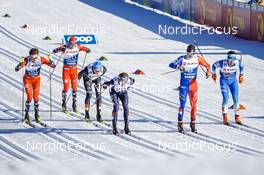 06.01.2023, Val di Fiemme, Italy (ITA): Haavard Moseby (NOR), Sindre Bjoernestad Skar (NOR), Simone Mocellini (ITA), Ben Ogden (USA), Renaud Jay (FRA), Miha Simenc (SLO), (l-r)  - FIS world cup cross-country, tour de ski, individual sprint, Val di Fiemme (ITA). www.nordicfocus.com. © Barbieri/NordicFocus. Every downloaded picture is fee-liable.