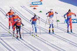 06.01.2023, Val di Fiemme, Italy (ITA): Julie Myhre (NOR), Laura Gimmler (GER), Kerttu Niskanen (FIN), Maja Dahlqvist (SWE), Melissa Gal (FRA), (l-r)  - FIS world cup cross-country, tour de ski, individual sprint, Val di Fiemme (ITA). www.nordicfocus.com. © Barbieri/NordicFocus. Every downloaded picture is fee-liable.