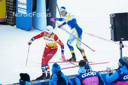 06.01.2023, Val di Fiemme, Italy (ITA): Johannes Hoesflot Klaebo (NOR), Calle Halfvarsson (SWE), (l-r)  - FIS world cup cross-country, tour de ski, individual sprint, Val di Fiemme (ITA). www.nordicfocus.com. © Barbieri/NordicFocus. Every downloaded picture is fee-liable.