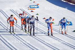 06.01.2023, Val di Fiemme, Italy (ITA): Haavard Moseby (NOR), Sindre Bjoernestad Skar (NOR), Simone Mocellini (ITA), Ben Ogden (USA), Renaud Jay (FRA), Miha Simenc (SLO), (l-r)  - FIS world cup cross-country, tour de ski, individual sprint, Val di Fiemme (ITA). www.nordicfocus.com. © Barbieri/NordicFocus. Every downloaded picture is fee-liable.