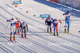 06.01.2023, Val di Fiemme, Italy (ITA): Eric Rosjoe (SWE), Federico Pellegrino (ITA), James Clinton Schoonmaker (USA), Lucas Chanavat (FRA), Markus Vuorela (FIN), (l-r)  - FIS world cup cross-country, tour de ski, individual sprint, Val di Fiemme (ITA). www.nordicfocus.com. © Barbieri/NordicFocus. Every downloaded picture is fee-liable.