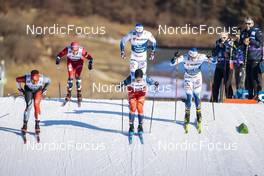 06.01.2023, Val di Fiemme, Italy (ITA): Graham Ritchie (CAN), Paal Golberg (NOR), Calle Halfvarsson (SWE), Michal Novak (CZE), Anton Persson (SWE), (l-r)  - FIS world cup cross-country, tour de ski, individual sprint, Val di Fiemme (ITA). www.nordicfocus.com. © Modica/NordicFocus. Every downloaded picture is fee-liable.