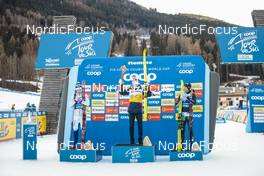 06.01.2023, Val di Fiemme, Italy (ITA): Calle Halfvarsson (SWE), Johannes Hoesflot Klaebo (NOR), Simone Mocellini (ITA), (l-r) - FIS world cup cross-country, tour de ski, individual sprint, Val di Fiemme (ITA). www.nordicfocus.com. © Modica/NordicFocus. Every downloaded picture is fee-liable.