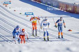 06.01.2023, Val di Fiemme, Italy (ITA): Perttu Hyvarinen (FIN), Cyril Faehndrich (SUI), Johannes Hoesflot Klaebo (NOR), Oskar Svensson (SWE), Andrew Musgrave (GBR), (l-r)  - FIS world cup cross-country, tour de ski, individual sprint, Val di Fiemme (ITA). www.nordicfocus.com. © Barbieri/NordicFocus. Every downloaded picture is fee-liable.