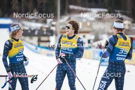 07.01.2023, Val di Fiemme, Italy (ITA): Gus Schumacher (USA), James Clinton Schoonmaker (USA), Finn O Connell (USA), (l-r)  - FIS world cup cross-country, tour de ski, mass, Val di Fiemme (ITA). www.nordicfocus.com. © Modica/NordicFocus. Every downloaded picture is fee-liable.