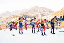 07.01.2023, Val di Fiemme, Italy (ITA): Federico Pellegrino (ITA), Andrew Musgrave (GBR), Francesco De Fabiani (ITA), Antoine Cyr (CAN), Friedrich Moch (GER), (l-r)  - FIS world cup cross-country, tour de ski, mass, Val di Fiemme (ITA). www.nordicfocus.com. © Barbieri/NordicFocus. Every downloaded picture is fee-liable.