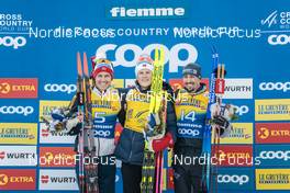 07.01.2023, Val di Fiemme, Italy (ITA): Paal Golberg (NOR), Johannes Hoesflot Klaebo (NOR), Francesco De Fabiani (ITA), (l-r) - FIS world cup cross-country, tour de ski, mass, Val di Fiemme (ITA). www.nordicfocus.com. © Modica/NordicFocus. Every downloaded picture is fee-liable.
