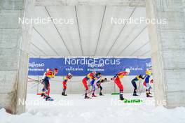 07.01.2023, Val di Fiemme, Italy (ITA): Antoine Cyr (CAN), Paal Golberg (NOR), Johannes Hoesflot Klaebo (NOR), (l-r)  - FIS world cup cross-country, tour de ski, mass, Val di Fiemme (ITA). www.nordicfocus.com. © Barbieri/NordicFocus. Every downloaded picture is fee-liable.