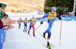 07.01.2023, Val di Fiemme, Italy (ITA): Nail Bashmakov (KAZ), Renaud Jay (FRA), Martin Himma (EST), (l-r)  - FIS world cup cross-country, tour de ski, mass, Val di Fiemme (ITA). www.nordicfocus.com. © Barbieri/NordicFocus. Every downloaded picture is fee-liable.