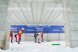 07.01.2023, Val di Fiemme, Italy (ITA): Paal Golberg (NOR), Hugo Lapalus (FRA), Johannes Hoesflot Klaebo (NOR), Francesco De Fabiani (ITA), Calle Halfvarsson (SWE), Hans Christer Holund (NOR), (l-r)  - FIS world cup cross-country, tour de ski, mass, Val di Fiemme (ITA). www.nordicfocus.com. © Barbieri/NordicFocus. Every downloaded picture is fee-liable.